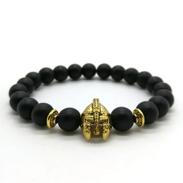 Antique Gold Roman Knight Spartan Warrior Gladiator Helmet Bracelet Men Black Matte Lava Stone Bead Bracelets For Men Jewelry