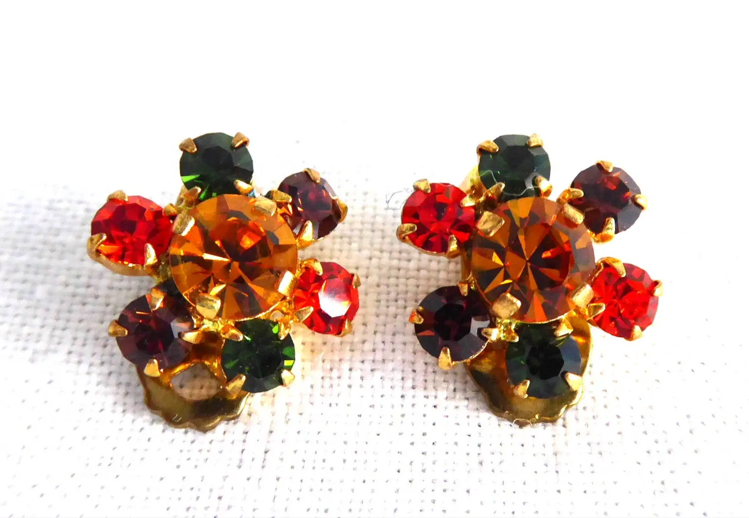 Austrian Crystal Earrings 1950s Dainty Jewel Color Clusters Round Rhinestones Clips