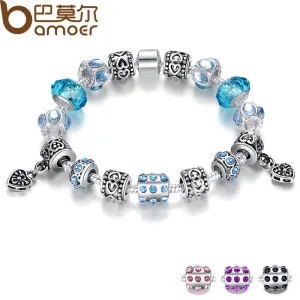 BAMOER Hot Sell European Style Silver Crystal Charm Bracelet for Women With Blue Murano Glass Beads Jewelry PA1394