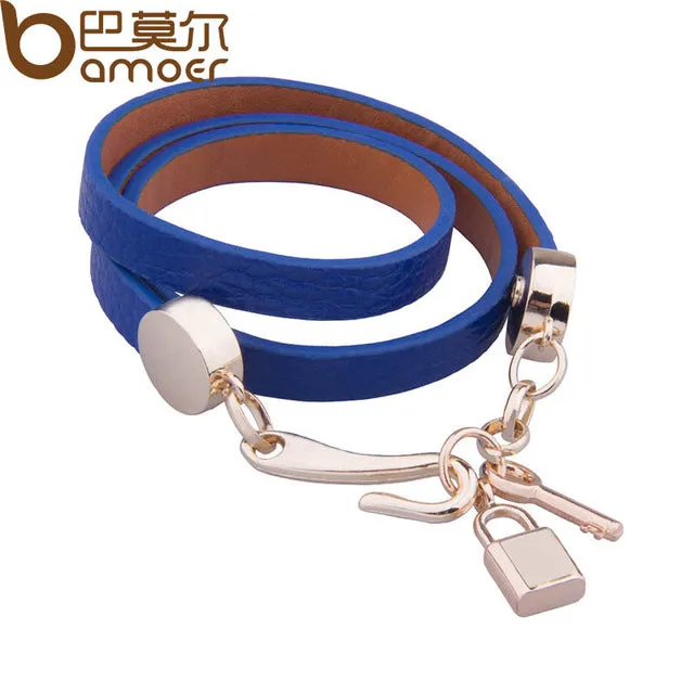 BAMOER Luxury Gold Color Genuine Pink Leather Bracelet Three Circle Jewelry for Women PI0327