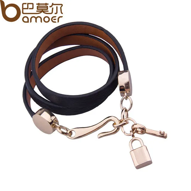 BAMOER Luxury Gold Color Genuine Pink Leather Bracelet Three Circle Jewelry for Women PI0327