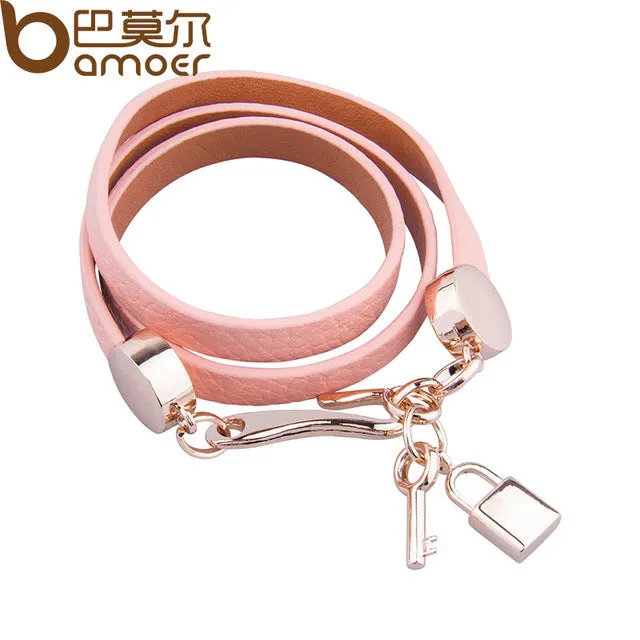 BAMOER Luxury Gold Color Genuine Pink Leather Bracelet Three Circle Jewelry for Women PI0327