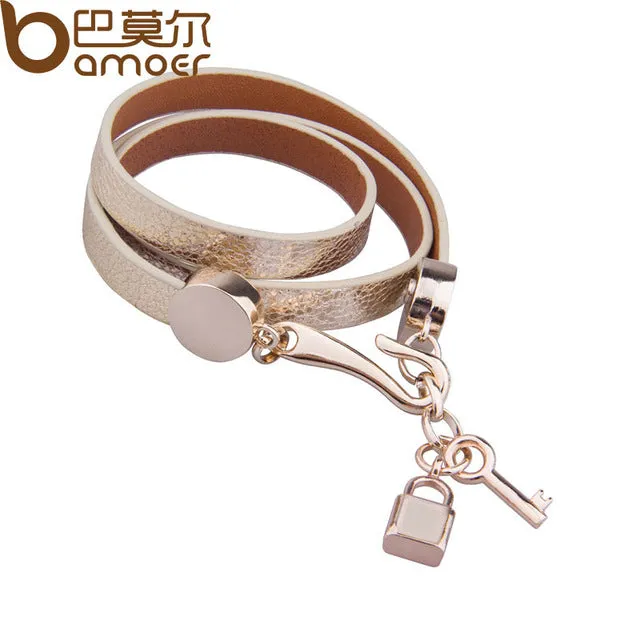 BAMOER Luxury Gold Color Genuine Pink Leather Bracelet Three Circle Jewelry for Women PI0327