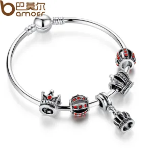 BAMOER Simple  Silver Charm Bangle & Bracelet with Royal Crown Pendant & Red Crystal Ball Dropshipping PA3067