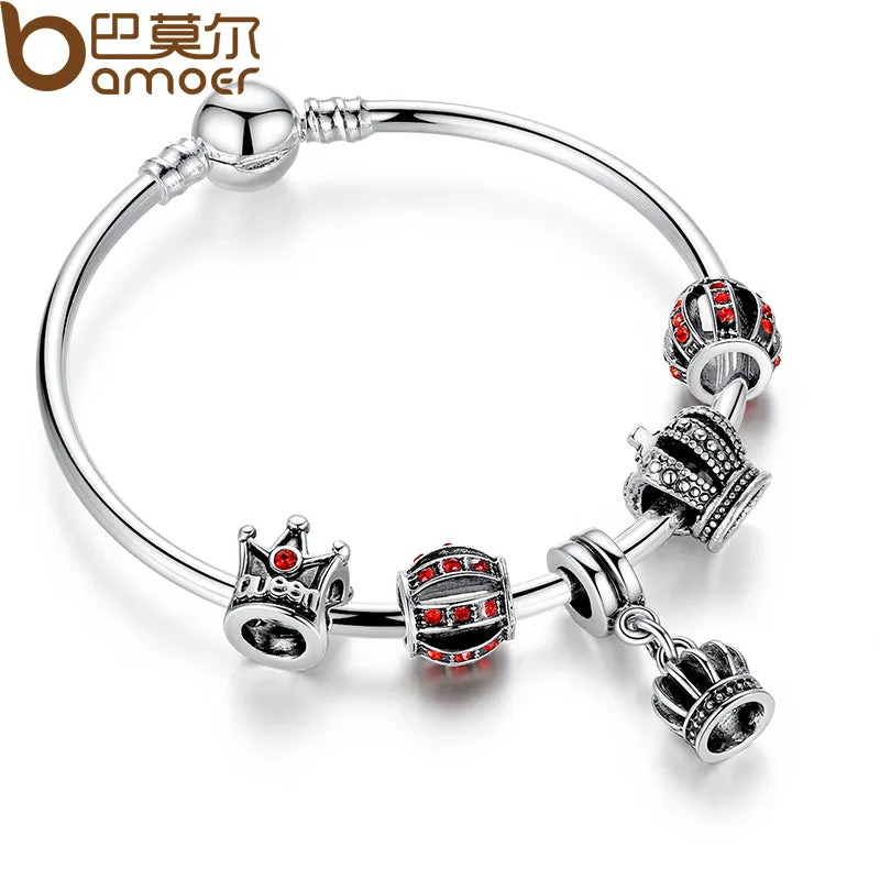 BAMOER Simple  Silver Charm Bangle & Bracelet with Royal Crown Pendant & Red Crystal Ball Dropshipping PA3067