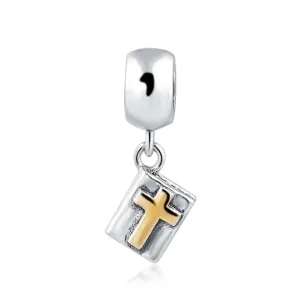 Bible Cross Faith Two Tone Dangle Charm 925 Sterling Silver