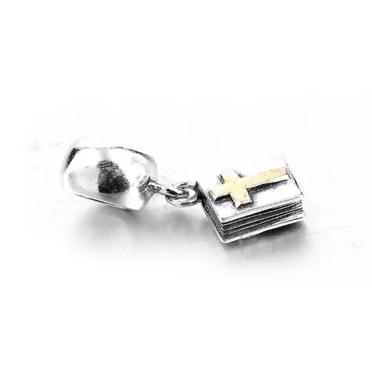 Bible Cross Faith Two Tone Dangle Charm 925 Sterling Silver