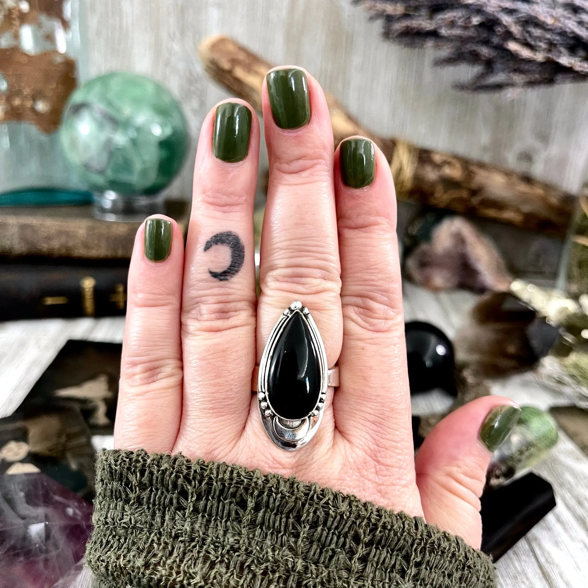 Black Obsidian Crystal Ring in Sterling Silver, Midnight Moon Ring / Designed by FOXLARK Adjustable to Size 6 7 8 9 Gemstone Jewelry Goth Ring