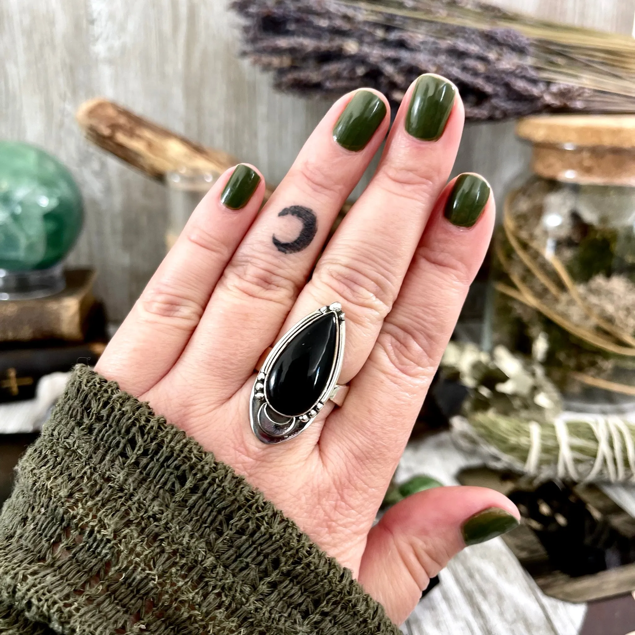 Black Obsidian Crystal Ring in Sterling Silver, Midnight Moon Ring / Designed by FOXLARK Adjustable to Size 6 7 8 9 Gemstone Jewelry Goth Ring