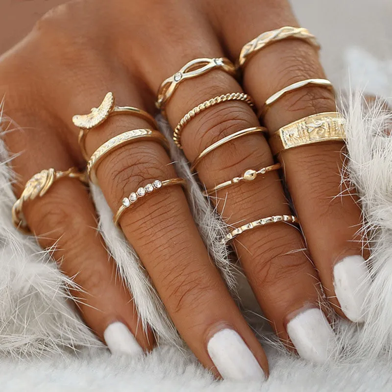 Boho Chic Crystal Ring Set - Elegant Rhinestone Knuckle Rings for Stylish Women