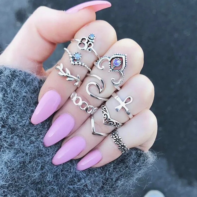 Boho Chic Crystal Ring Set - Elegant Rhinestone Knuckle Rings for Stylish Women