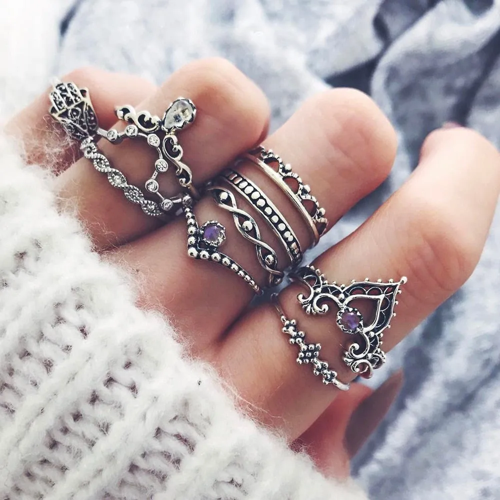 Boho Chic Crystal Ring Set - Elegant Rhinestone Knuckle Rings for Stylish Women