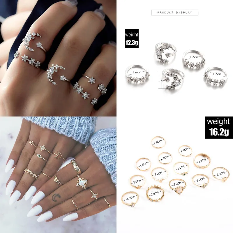 Boho Chic Crystal Ring Set - Elegant Rhinestone Knuckle Rings for Stylish Women