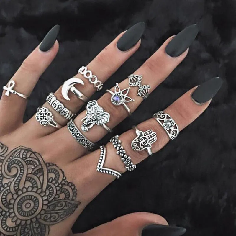 Boho Chic Crystal Ring Set - Elegant Rhinestone Knuckle Rings for Stylish Women