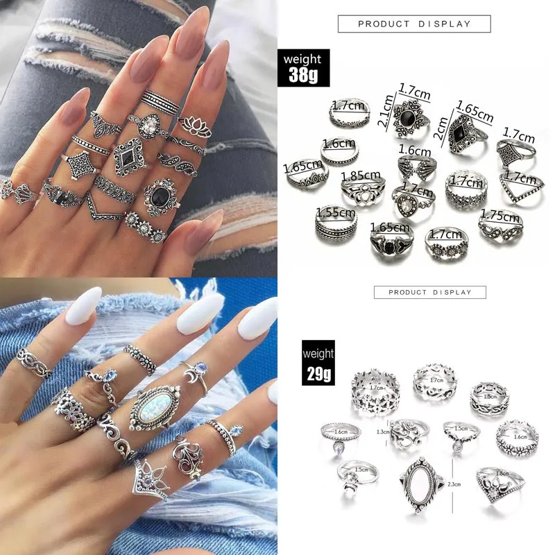 Boho Chic Crystal Ring Set - Elegant Rhinestone Knuckle Rings for Stylish Women