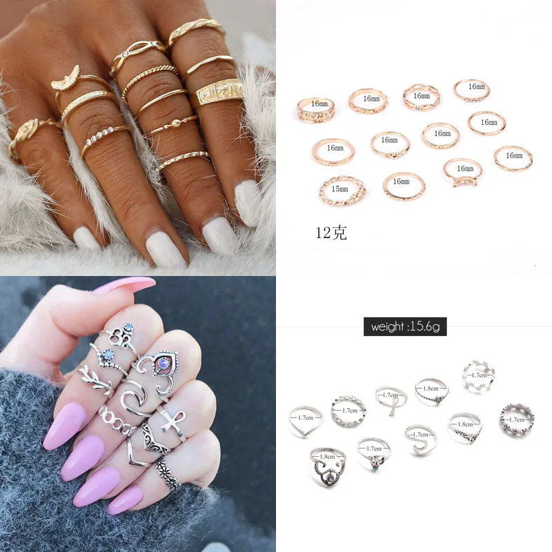 Boho Chic Crystal Ring Set - Elegant Rhinestone Knuckle Rings for Stylish Women