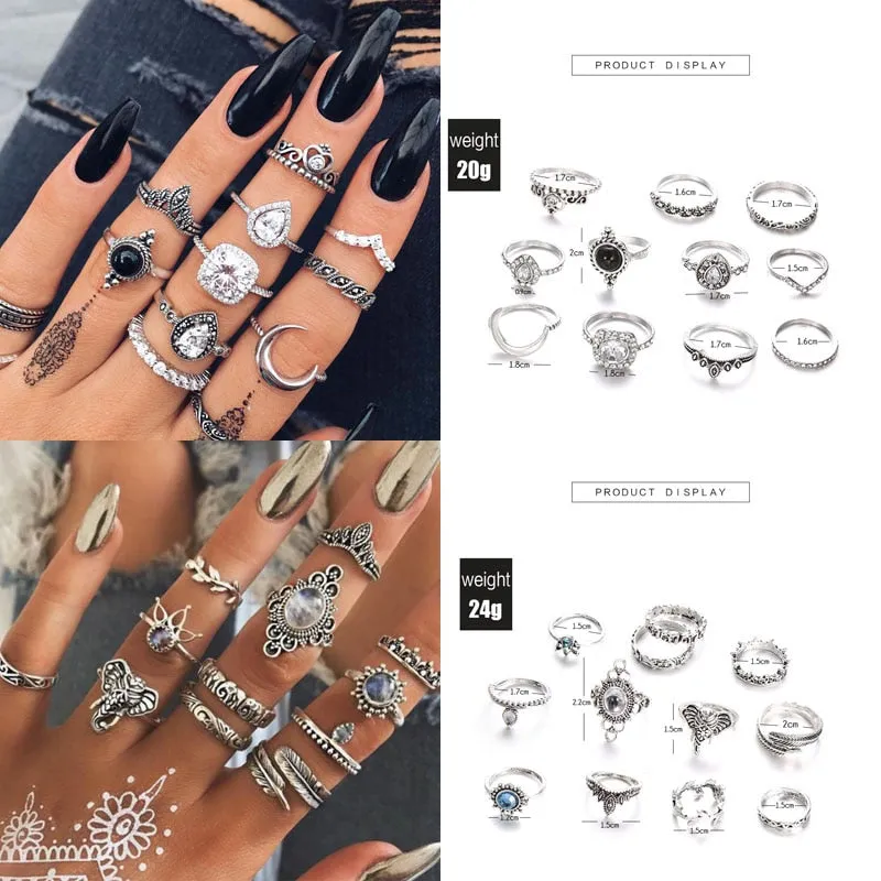 Boho Chic Crystal Ring Set - Elegant Rhinestone Knuckle Rings for Stylish Women