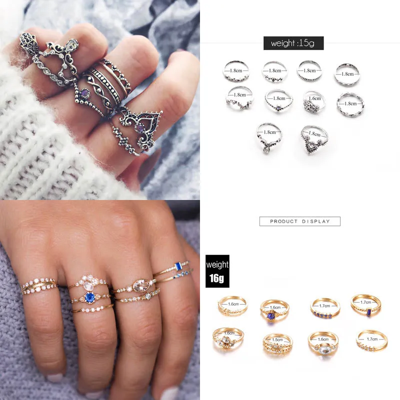 Boho Chic Crystal Ring Set - Elegant Rhinestone Knuckle Rings for Stylish Women