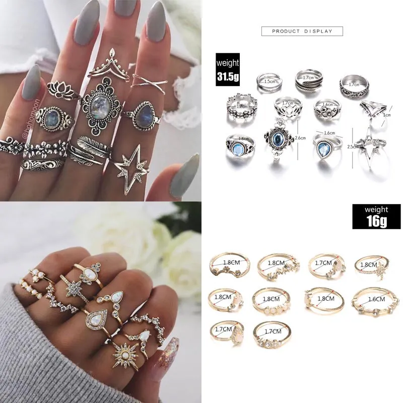 Boho Chic Crystal Ring Set - Elegant Rhinestone Knuckle Rings for Stylish Women