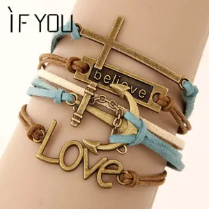 Charm Vintage Multilayer Charm Leather Bracelet Women Owl Cross Believe Bracelets Cheap Statement Jewelry Lady Best Friends Gift