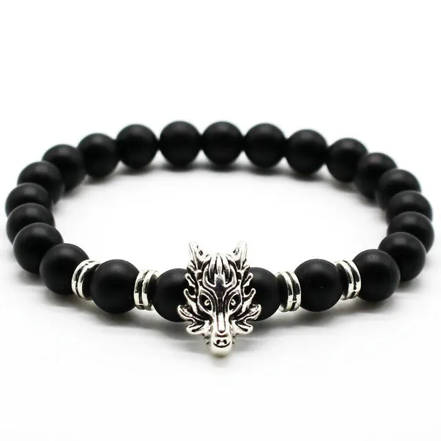 Cute Bear Brand Antique Silver Animal Wolf Head Bracelet Men Jewelry Fashion Black Frosted Volcano Lava Stone Beads Men Bracelet