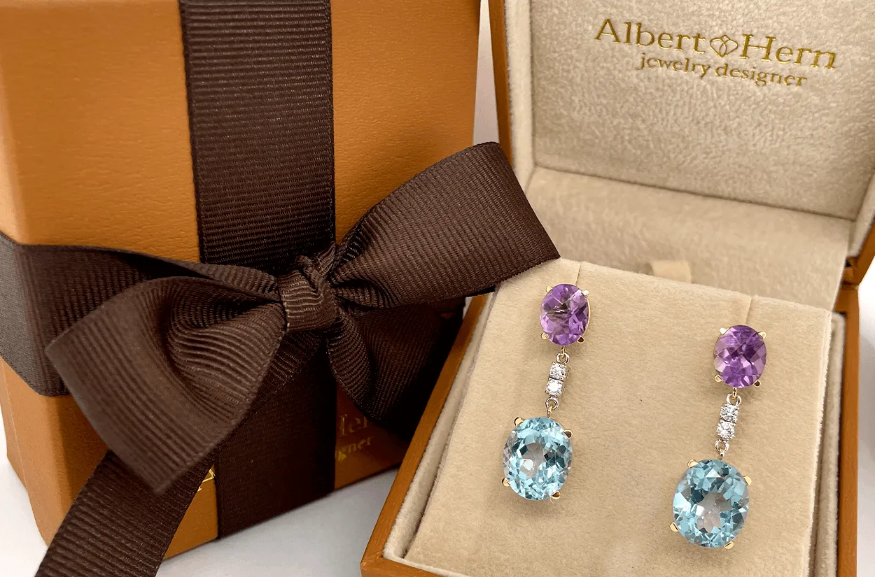 Earrings 18kt Gold Amethyst & Blue Topaz Drops with Diamonds