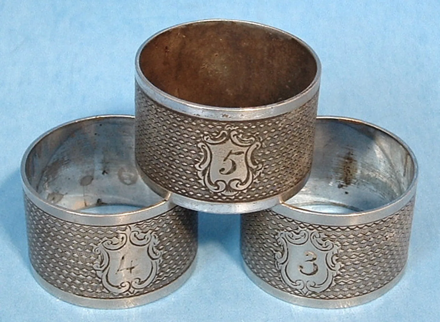 Edwardian Napkin Rings Set Of 3 Engraved English Silverplate 1900-1910