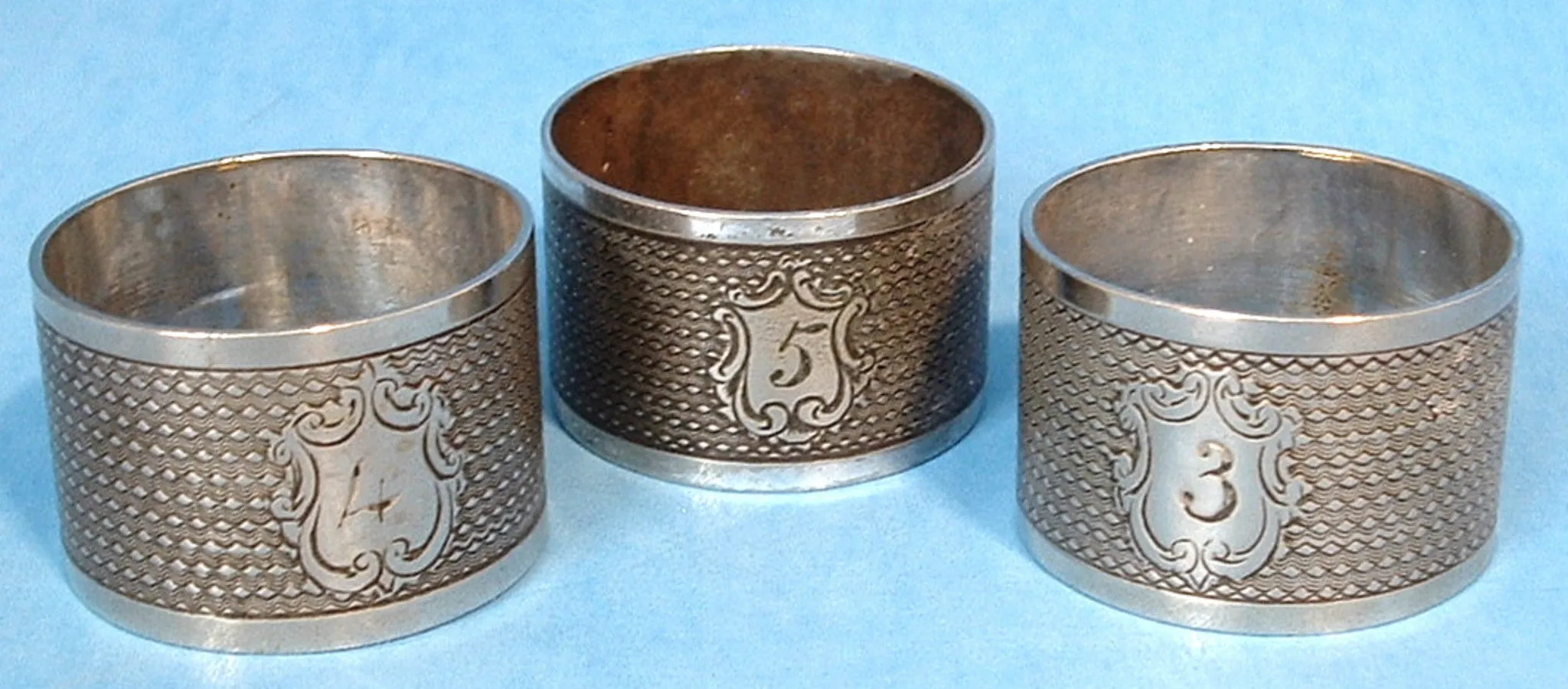 Edwardian Napkin Rings Set Of 3 Engraved English Silverplate 1900-1910