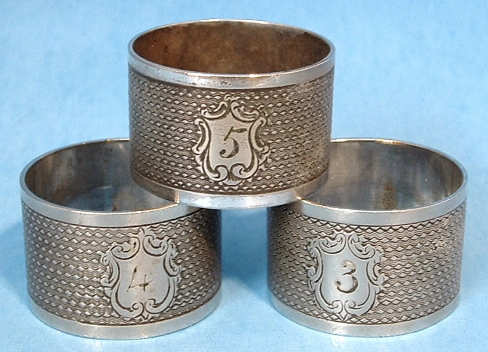 Edwardian Napkin Rings Set Of 3 Engraved English Silverplate 1900-1910