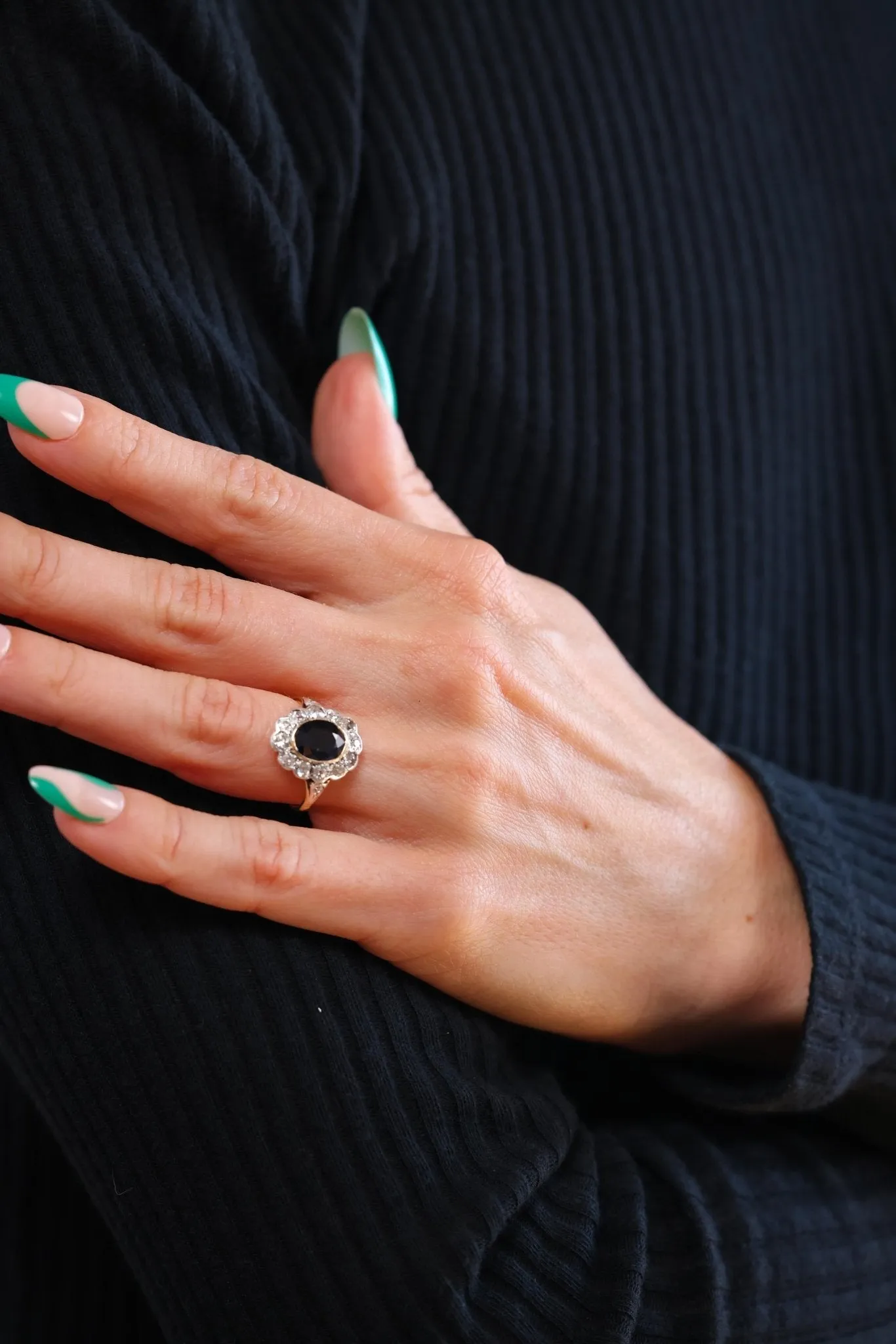 Edwardian Sapphire Diamond Yellow Gold Cluster Ring