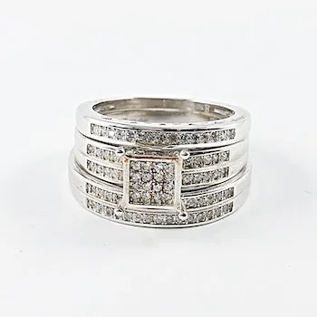 Elegant 3 Piece Set Center Square Pave Silver Rings