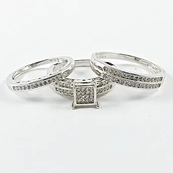 Elegant 3 Piece Set Center Square Pave Silver Rings