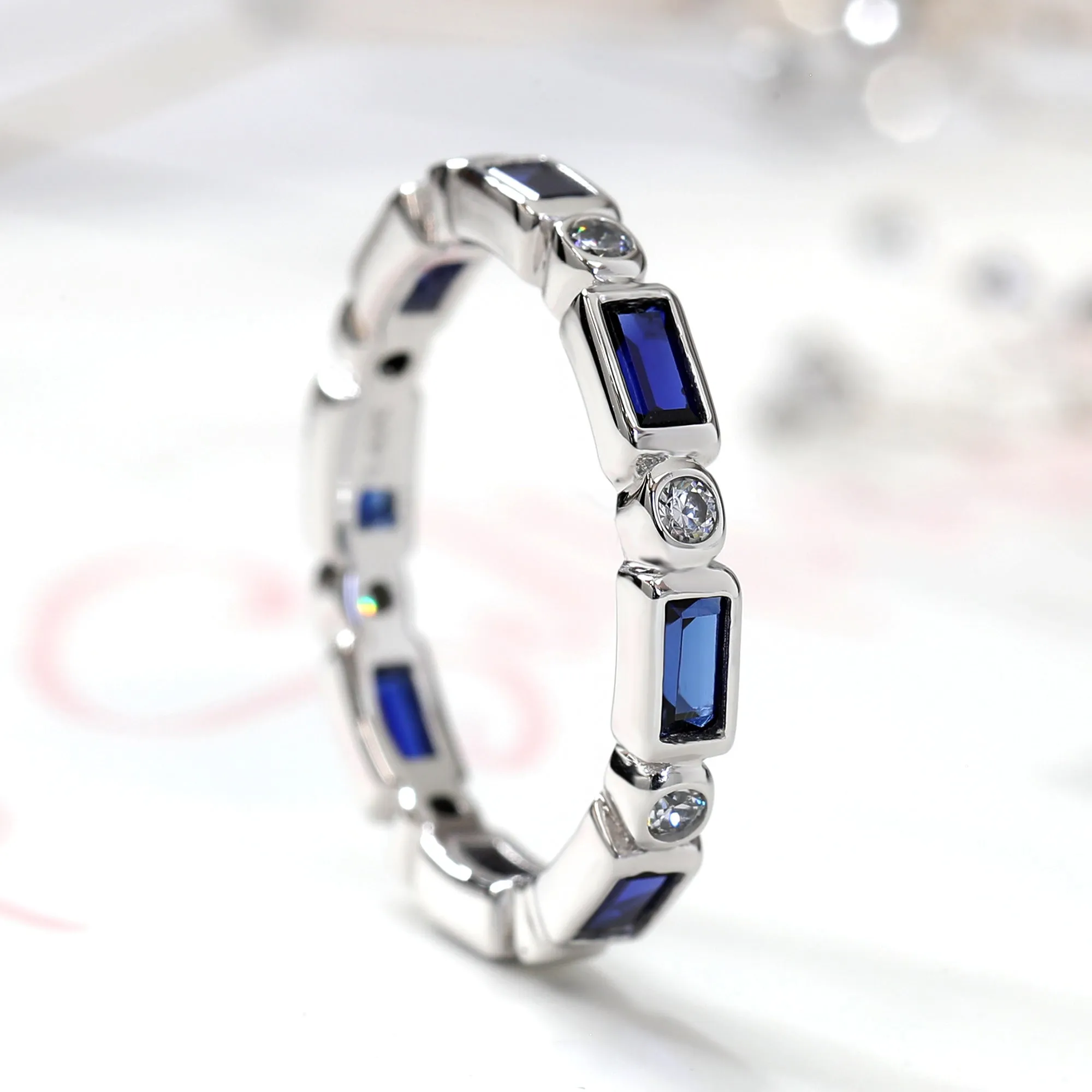 Elegant Blue Baguette Eternity Ring