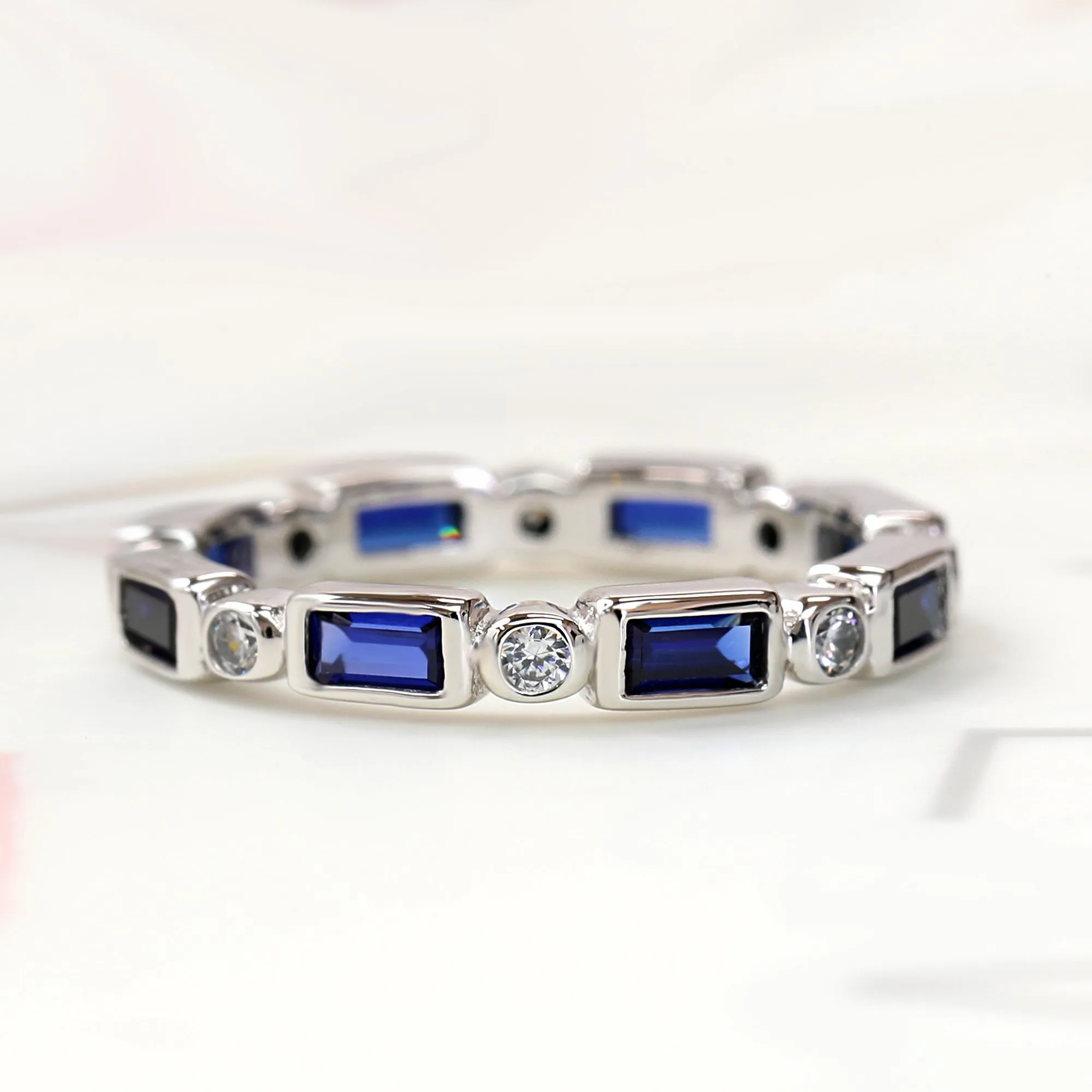 Elegant Blue Baguette Eternity Ring