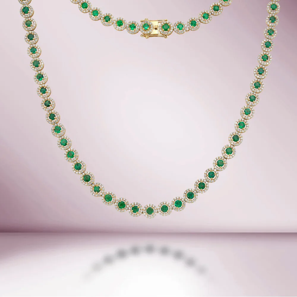 Emerald & Diamond Halo Tennis Necklace ( 16.30 ct.) in 14K Gold