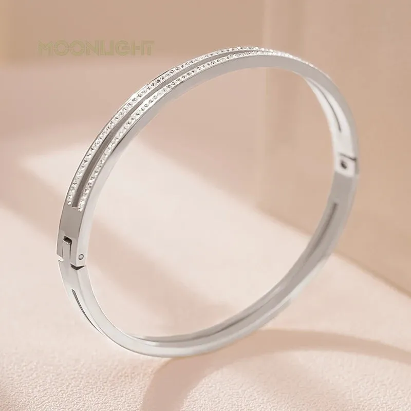 Fashion Cubic Zirconia Cuff Bangles for Women Trendy Titanium Steel Circular Classic Bracelet Female Jewelry