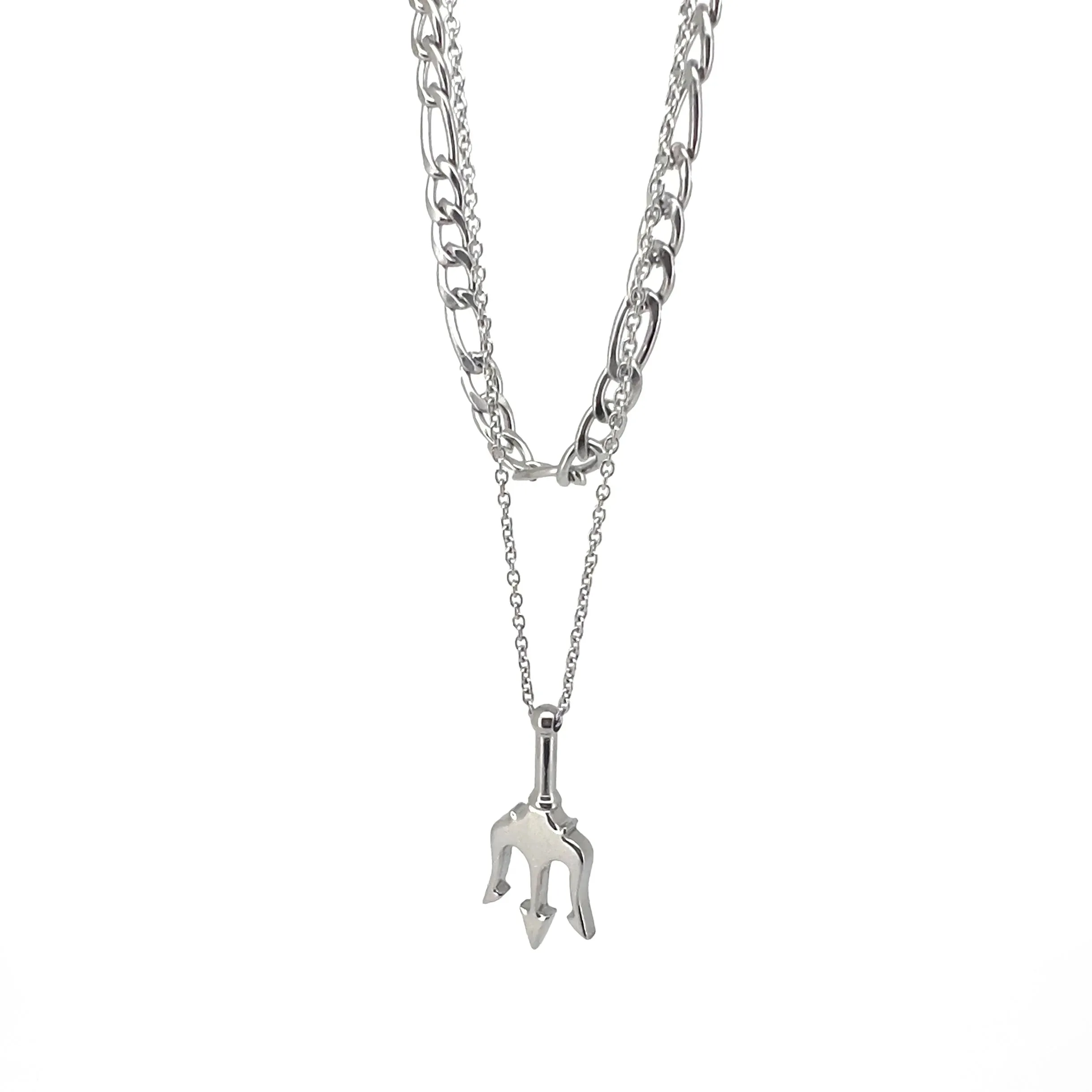 Ferni Silver-tone Trident Pendant & Figaro Chain Necklace Set