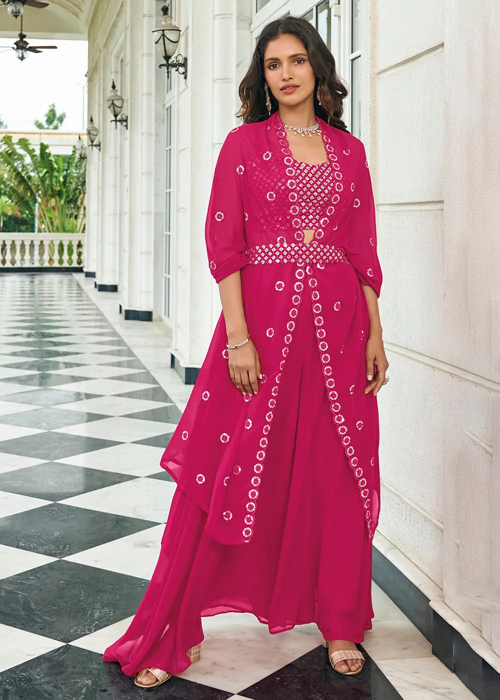 Fuchsia Pink Sequined Embroidered Shrug Style Lehenga Choli