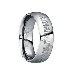 FULVIUS Tungsten Wedding Ring with Engraved Greek Key Motif & Polished Finish - 8mm