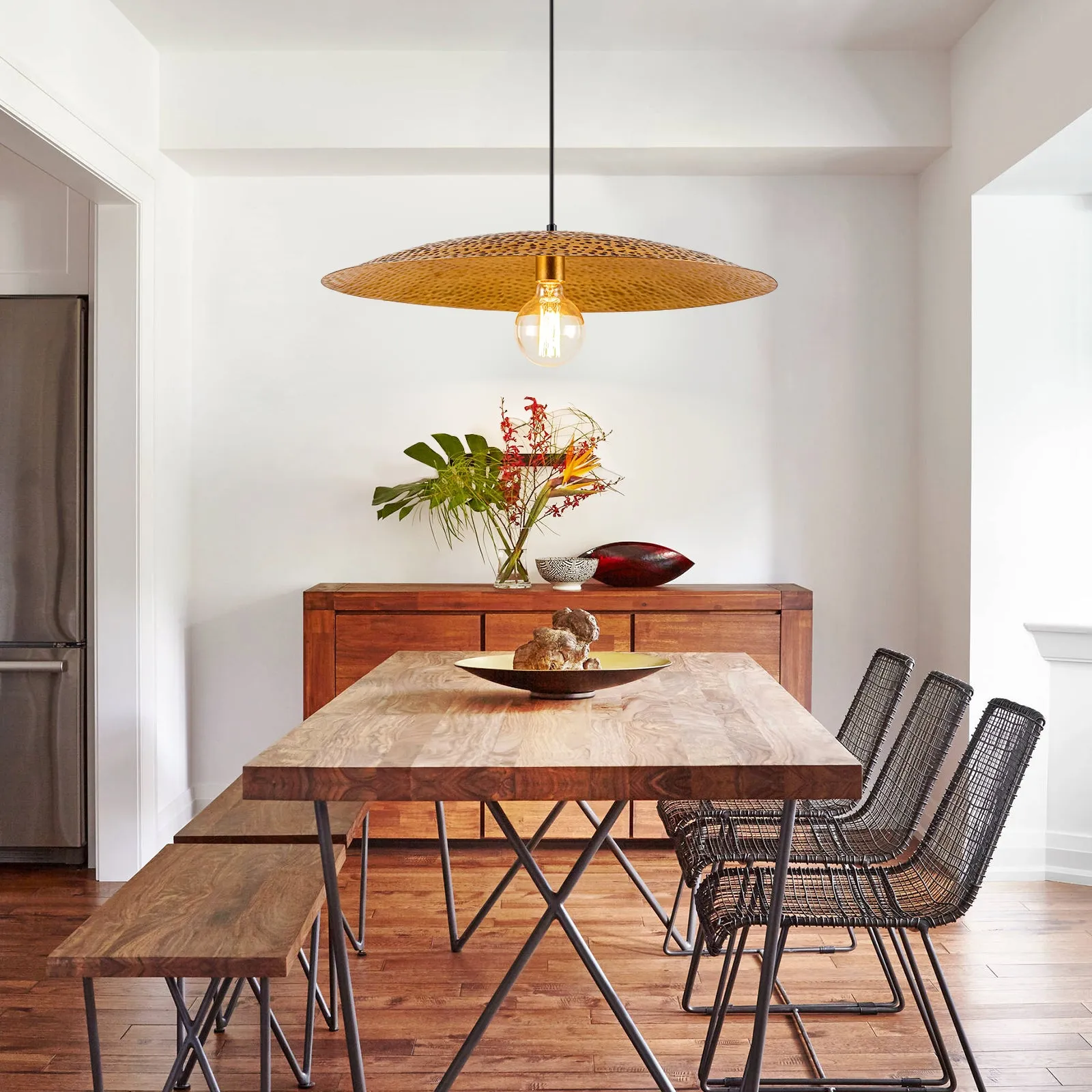 Glowlings 1-Light 24"Wide Large Retro Hammered Textured Gold Dome Pendant Light Kitchen Island