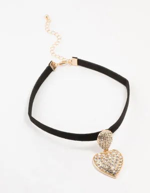 Gold & Black  Pave Diamante Heart Choker