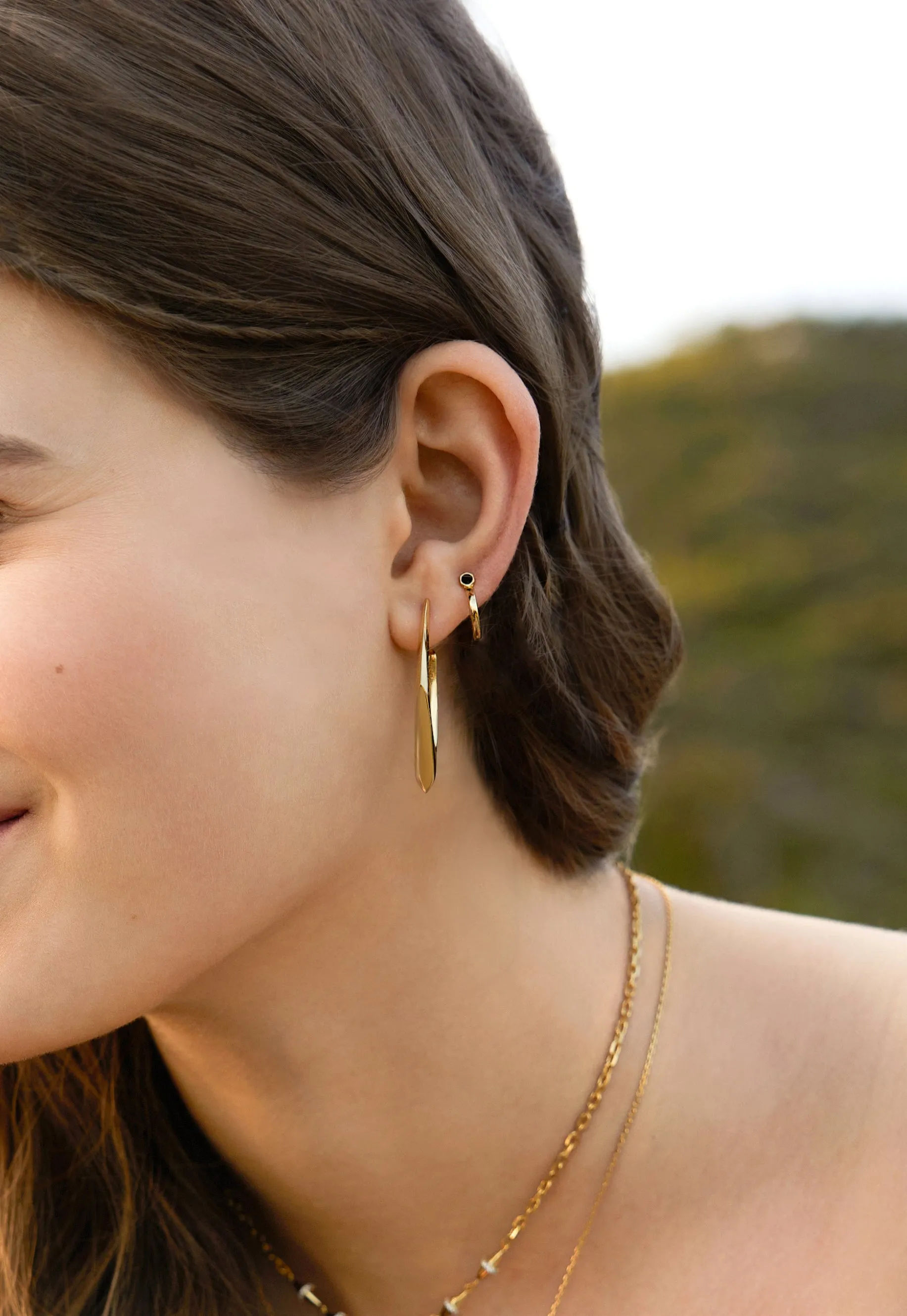 Gold Black Agate Huggie Hoop Earrings