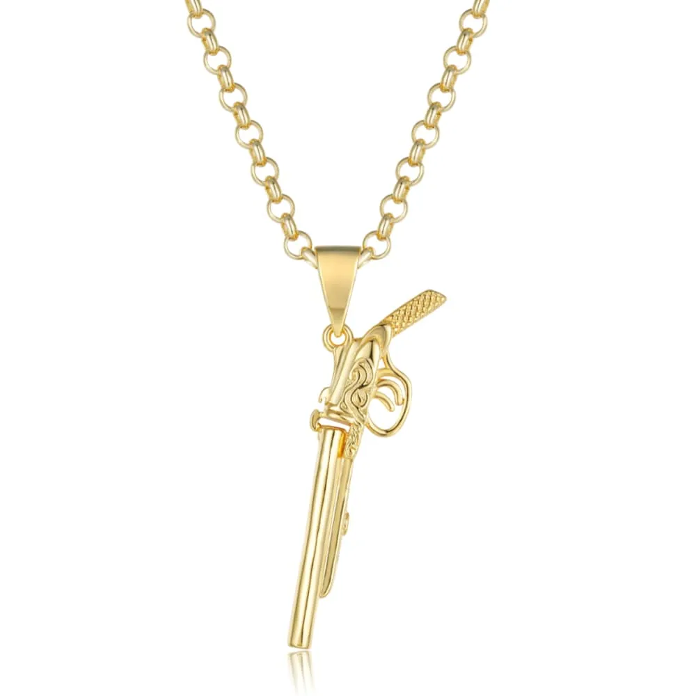 Gold Double Barrel Shotgun Pendant 22 Inch 5mm Belcher Chain