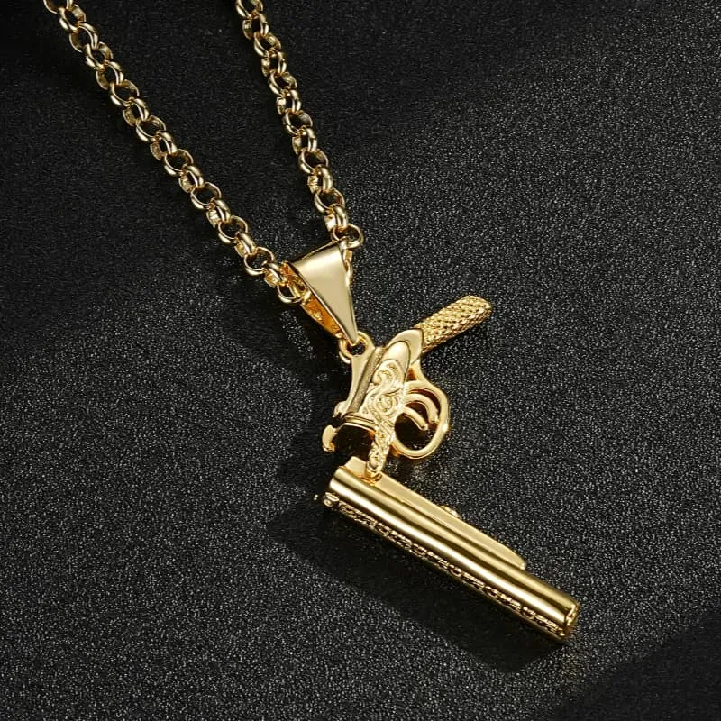 Gold Double Barrel Shotgun Pendant 22 Inch 5mm Belcher Chain