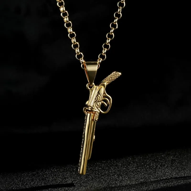 Gold Double Barrel Shotgun Pendant 22 Inch 5mm Belcher Chain