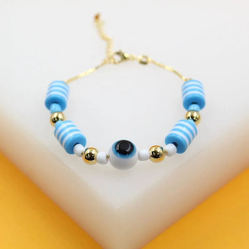 Gold Filled Blue Evil Eye Chain Kids Bracelet (I297)