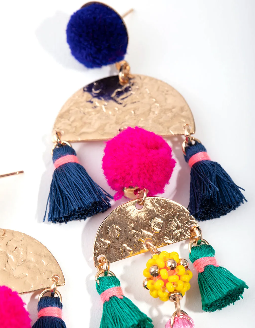 Gold Pom Pom Tassel Drop Earrings