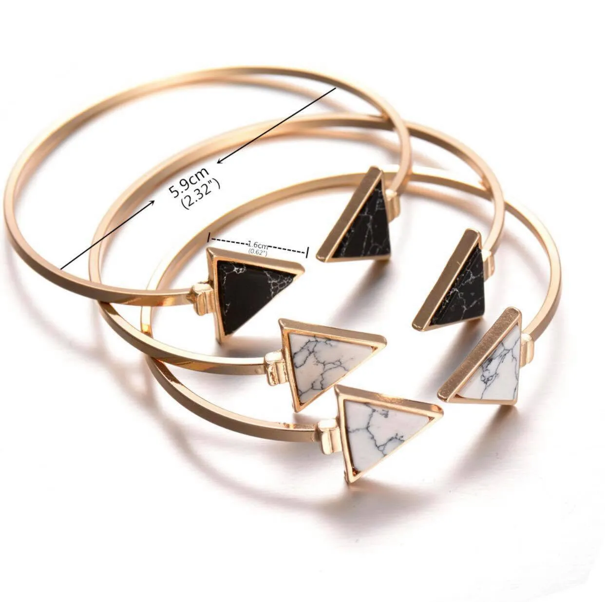 Gold Tone Punk Trendy White Black Triangle Faux Marbleized Stone Cuff Bangle Bracelet