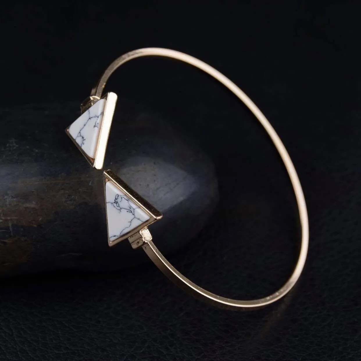 Gold Tone Punk Trendy White Black Triangle Faux Marbleized Stone Cuff Bangle Bracelet