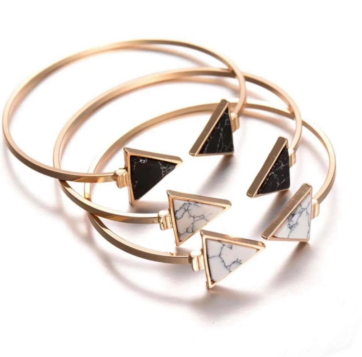 Gold Tone Punk Trendy White Black Triangle Faux Marbleized Stone Cuff Bangle Bracelet